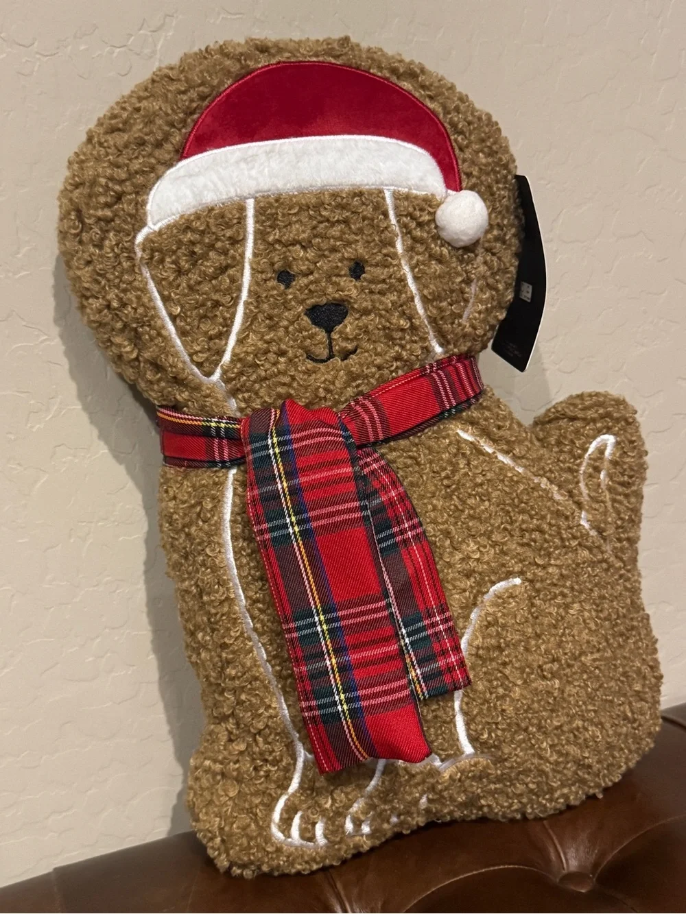 Holiday Plush Dog Pillow with Red Plaid Scarf